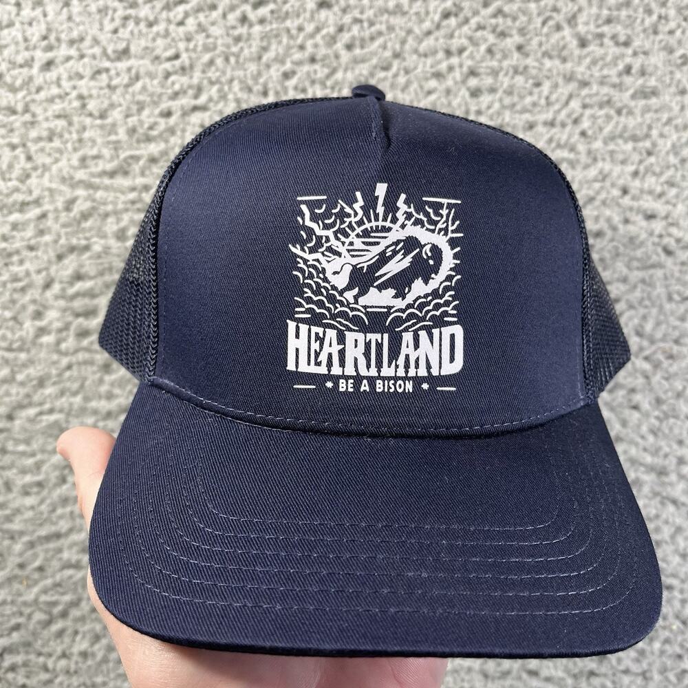 Heartland Be A Bison Custom Ink Trucker Hat Navy Blue Mesh Snapback NWT